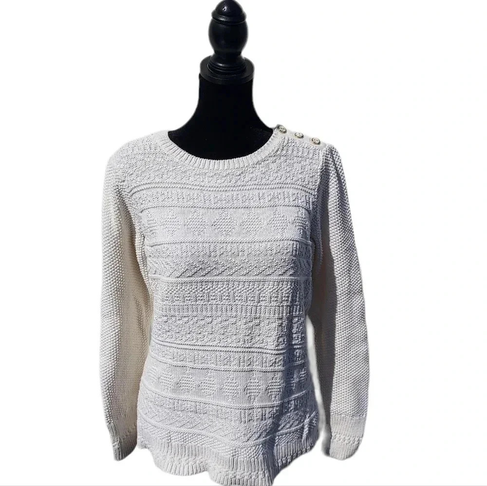 Talbots Button Shoulder Cable Knit Sweater Medium Cream Color